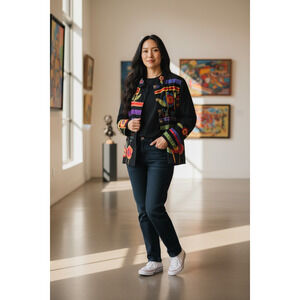 4938)Alex Kim Art to Wear Multicolor Embroidery  Patchwork Button Down Top 1X